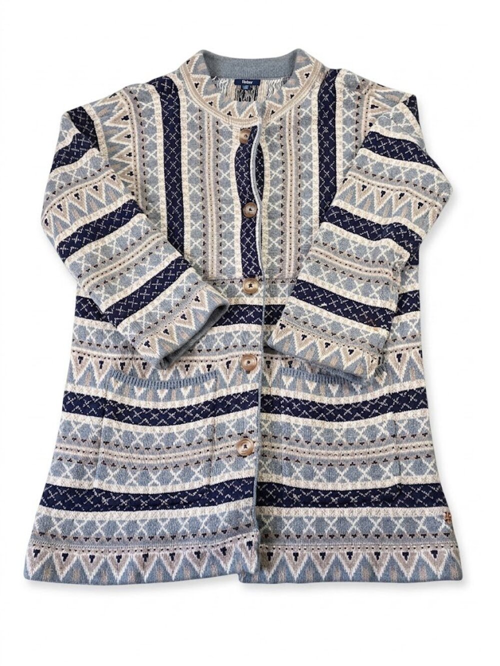 Hatley Aztec Pattern Colours Blue Ivory Gray 3/4 Length Cardigan Sweater SZ L
